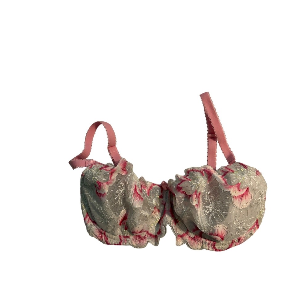 Victoria's Secret Demi Bra Floral Lace Embroidered Pink White Unlined 34DD/E75